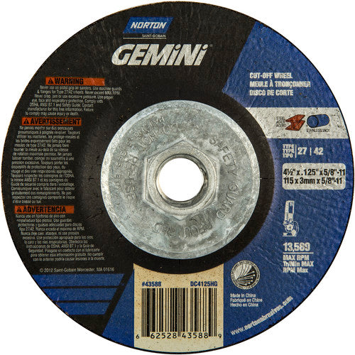 4-1/2 x .125 × 5/8 - 11″ Gemini Cutting Wheel A 24 T BDA3 Type 27/42 - Exact Industrial Supply