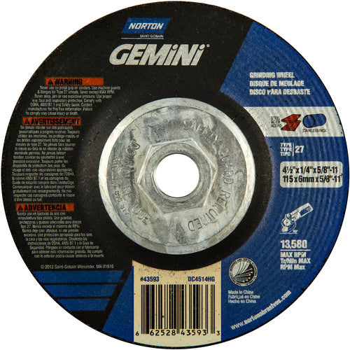 4-1/2 × 1/4 × 5/8 - 11″ Gemini Grinding Wheel A 24 S BDA Type 27 - Exact Industrial Supply
