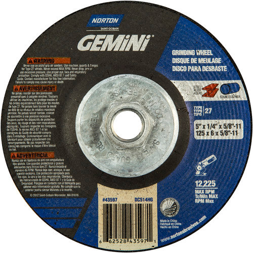 5 × 1/4 × 5/8 - 11″ Gemini Grinding Wheel A 24 S BDA Type 27 - Exact Industrial Supply