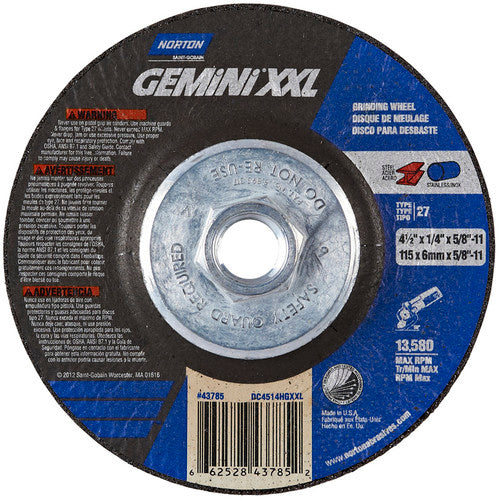 4-1/2″ × 1/4″ × 5/8″-11 Gemini Depressed Center Wheel Type 27 Aluminum Oxide - Exact Industrial Supply