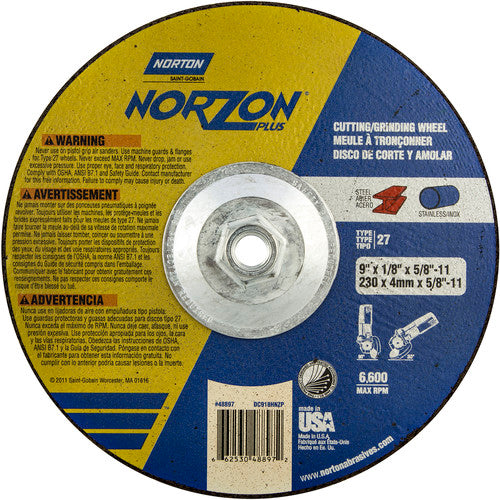 9″ × 1/8″ × 5/8″ NorZon Plus Non-Woven Depressed Center Wheel Type 27 - Exact Industrial Supply