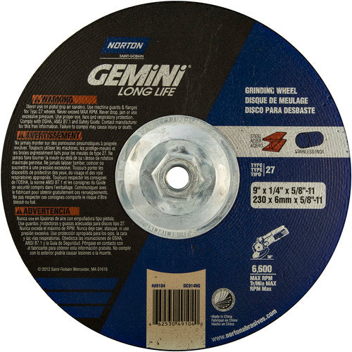 9 × 1/4 × 5/8 - 11″ Gemini Long Life Grinding Wheel A 24 R Type 27 - Exact Industrial Supply