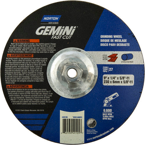 9 × 1/4 × 5/8 - 11″ Gemini Fast Cut Grinding Wheel A 24 N Type 27 - Exact Industrial Supply