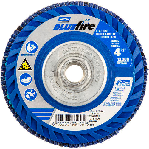 4-1/2 × 5/8 - 11″ BlueFire Plastic Flat Flap Disc Type 27 P80 Grit R884P Ceramic Alumina - Exact Industrial Supply