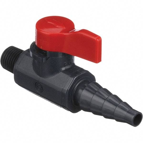 Asahi/America - 1/4" Pipe, Full Port, PVC Ball Valve - 1 Piece, MNPT x Barb Ends, Tee Handle, 150 WOG - Exact Industrial Supply