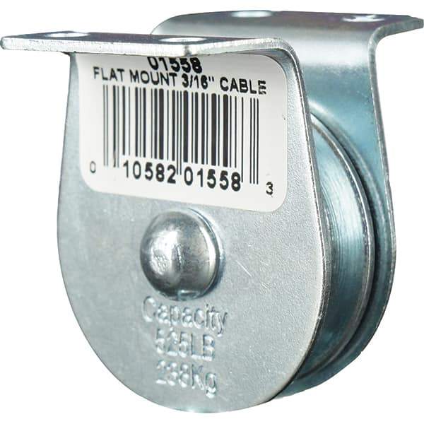 Block Division - 525 Lbs. Load Limit, Flat Standard Block - Upright Mount, Single Sheave, 1-1/2 Inch Outside Diameter, Wire Rope, 3/16 Inch Diameter, Eye, 5/8 Inch Inside Diameter, Carbon Steel, Zinc Plated Finish - Exact Industrial Supply