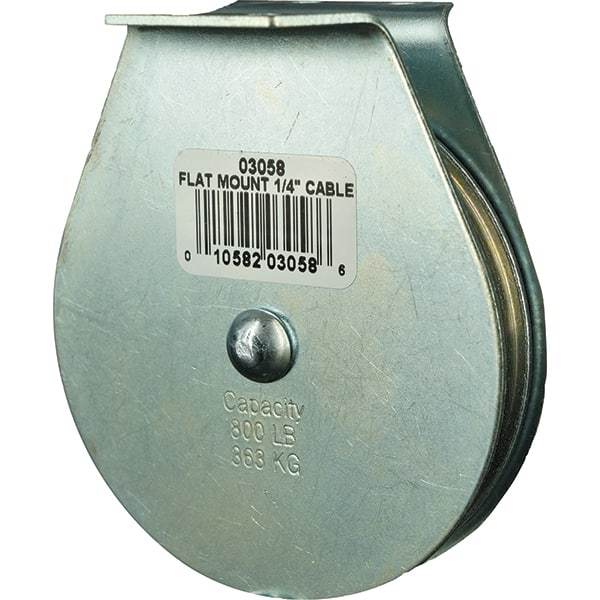 Block Division - 800 Lbs. Load Limit, Flat Standard Block - Upright Mount, Single Sheave, 3 Inch Outside Diameter, Wire Rope, 1/4 Inch Diameter, Eye, 7/8 Inch Inside Diameter, Carbon Steel, Zinc Plated Finish - Exact Industrial Supply