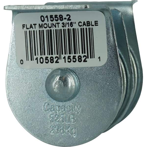 Block Division - 525 Lbs. Load Limit, Flat Standard Block - Upright Mount, Double Sheave, 1-1/2 Inch Outside Diameter, Wire Rope, 3/16 Inch Diameter, Eye, 5/8 Inch Inside Diameter, Carbon Steel, Zinc Plated Finish - Exact Industrial Supply
