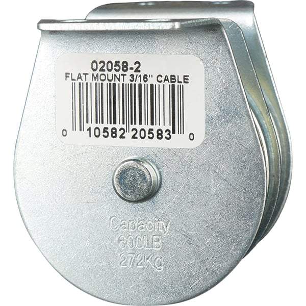 Block Division - 600 Lbs. Load Limit, Flat Standard Block - Upright Mount, Double Sheave, 2 Inch Outside Diameter, Wire Rope, 3/16 Inch Diameter, Eye, 5/8 Inch Inside Diameter, Carbon Steel, Zinc Plated Finish - Exact Industrial Supply