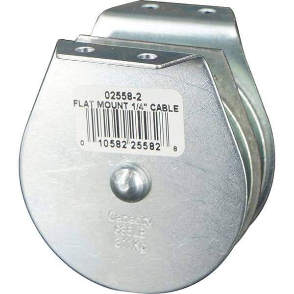 Block Division - 685 Lbs. Load Limit, Flat Standard Block - Upright Mount, Double Sheave, 2-1/2 Inch Outside Diameter, Wire Rope, 1/4 Inch Diameter, Eye, 7/8 Inch Inside Diameter, Carbon Steel, Zinc Plated Finish - Exact Industrial Supply