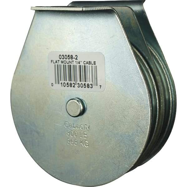 Block Division - 800 Lbs. Load Limit, Flat Standard Block - Upright Mount, Double Sheave, 3 Inch Outside Diameter, Wire Rope, 1/4 Inch Diameter, Eye, 7/8 Inch Inside Diameter, Carbon Steel, Zinc Plated Finish - Exact Industrial Supply