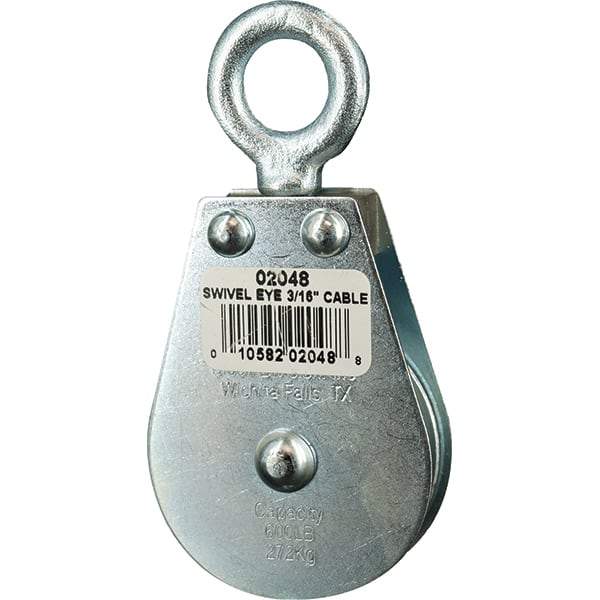Block Division - 600 Lbs. Load Limit, Swivel Eye Standard Block - Single Sheave, 2 Inch Outside Diameter, Wire Rope, 3/16 Inch Diameter, Eye, 5/8 Inch Inside Diameter, Carbon Steel, Zinc Plated Finish - Exact Industrial Supply