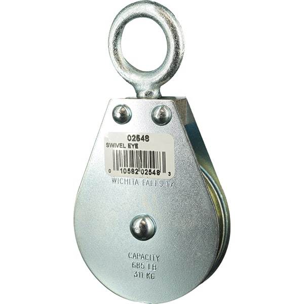Block Division - 685 Lbs. Load Limit, Swivel Eye Standard Block - Single Sheave, 2-1/2 Inch Outside Diameter, Wire Rope, 1/4 Inch Diameter, Eye, 7/8 Inch Inside Diameter, Carbon Steel, Zinc Plated Finish - Exact Industrial Supply