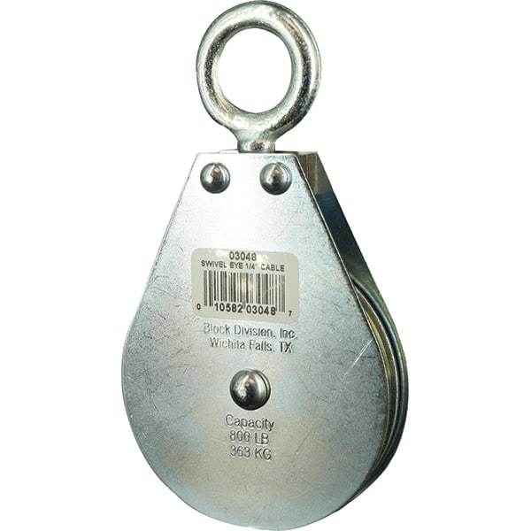 Block Division - 640 Lbs. Load Limit, Swivel Eye Standard Block - Single Sheave, 3-3/4 Inch Outside Diameter, Wire Rope, 1/4 Inch Diameter, Eye, 7/8 Inch Inside Diameter, Carbon Steel, Zinc Plated Finish - Exact Industrial Supply