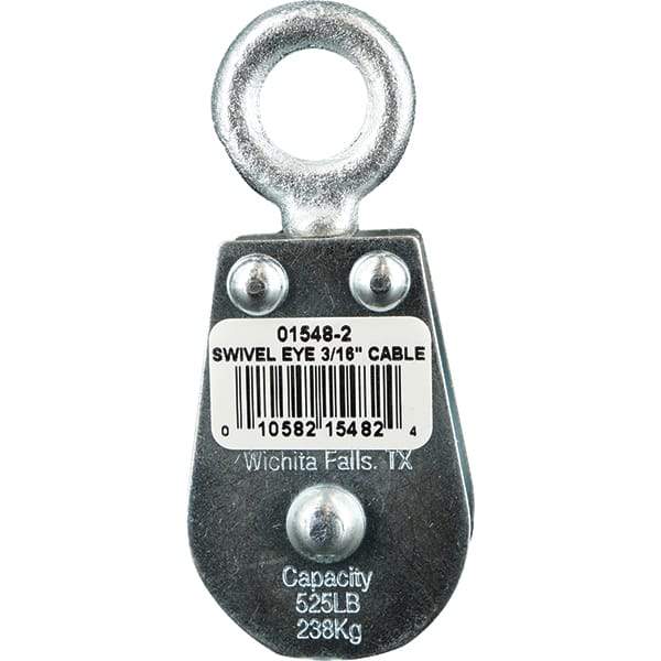 Block Division - 525 Lbs. Load Limit, Swivel Eye Standard Block - Double Sheave, 1-1/2 Inch Outside Diameter, Wire Rope, 3/16 Inch Diameter, Eye, 5/8 Inch Inside Diameter, Carbon Steel, Zinc Plated Finish - Exact Industrial Supply