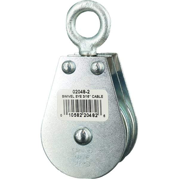 Block Division - 600 Lbs. Load Limit, Swivel Eye Standard Block - Double Sheave, 2 Inch Outside Diameter, Wire Rope, 3/16 Inch Diameter, Eye, 5/8 Inch Inside Diameter, Carbon Steel, Zinc Plated Finish - Exact Industrial Supply
