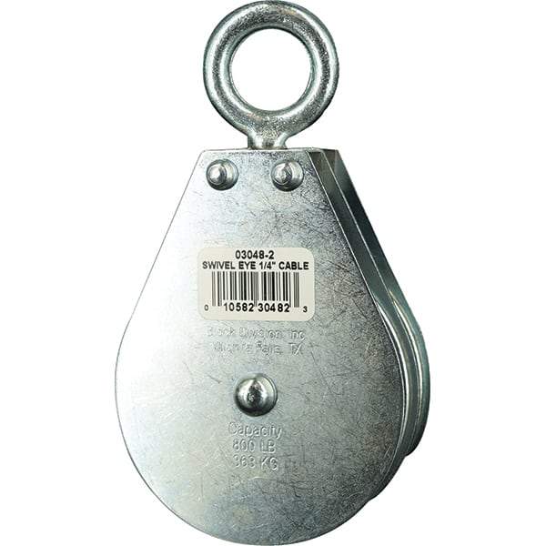 Block Division - 800 Lbs. Load Limit, Swivel Eye Standard Block - Double Sheave, 3 Inch Outside Diameter, Wire Rope, 1/4 Inch Diameter, Eye, 7/8 Inch Inside Diameter, Carbon Steel, Zinc Plated Finish - Exact Industrial Supply