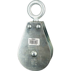 Block Division - 1, 550 Lbs. Load Limit, Swivel Eye Standard Block - Double Sheave, 3-1/2 Inch Outside Diameter, Wire Rope, 5/16 Inch Diameter, Eye, 1-3/16 Inch Inside Diameter, Carbon Steel, Zinc Plated Finish - Exact Industrial Supply
