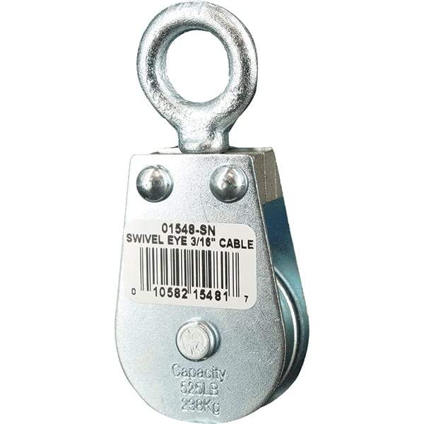 Block Division - 525 Lbs. Load Limit, Swivel Eye Snatch Block - Single Sheave, 1-1/2 Inch Outside Diameter, Wire Rope, 3/16 Inch Diameter, Eye, 5/8 Inch Inside Diameter, Carbon Steel, Zinc Plated Finish - Exact Industrial Supply