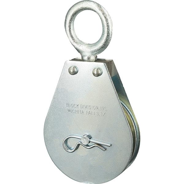 Block Division - 600 Lbs. Load Limit, Swivel Eye Snatch Block - Single Sheave, 2 Inch Outside Diameter, Wire Rope, 3/16 Inch Diameter, Eye, 5/8 Inch Inside Diameter, Carbon Steel, Zinc Plated Finish - Exact Industrial Supply