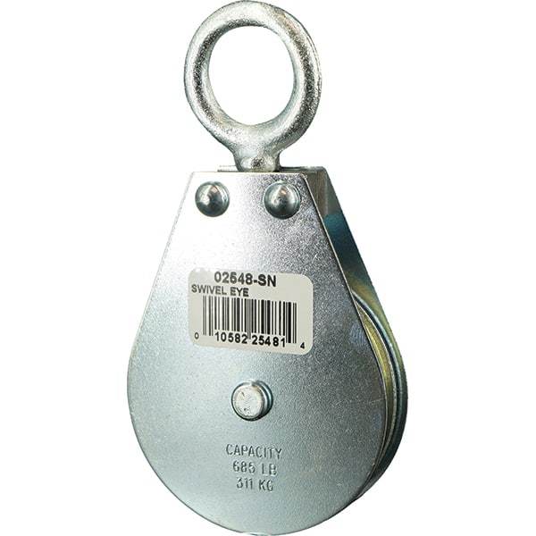 Block Division - 685 Lbs. Load Limit, Swivel Eye Snatch Block - Single Sheave, 2-1/2 Inch Outside Diameter, Wire Rope, 1/4 Inch Diameter, Eye, 7/8 Inch Inside Diameter, Carbon Steel, Zinc Plated Finish - Exact Industrial Supply