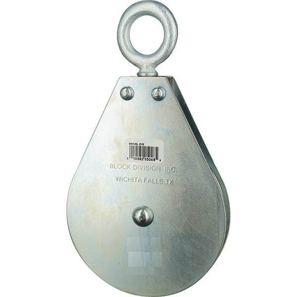 Block Division - 640 Lbs. Load Limit, Swivel Eye Snatch Block - Single Sheave, 3 Inch Outside Diameter, Wire Rope, 1/4 Inch Diameter, Eye, 7/8 Inch Inside Diameter, Carbon Steel, Zinc Plated Finish - Exact Industrial Supply
