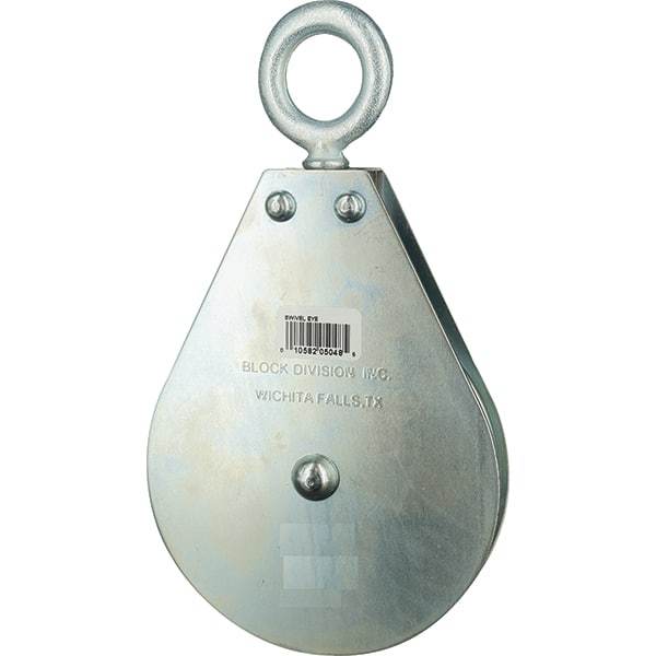 Block Division - 1, 550 Lbs. Load Limit, Swivel Eye Snatch Block - Single Sheave, 3-1/2 Inch Outside Diameter, Wire Rope, 5/16 Inch Diameter, Eye, 1-3/16 Inch Inside Diameter, Carbon Steel, Zinc Plated Finish - Exact Industrial Supply