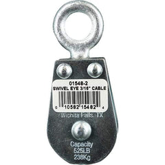 Block Division - 525 Lbs. Load Limit, Swivel Eye Snatch Block - Double Sheave, 1-5/8 Inch Outside Diameter, Wire Rope, 3/16 Inch Diameter, Eye, 5/8 Inch Inside Diameter, Carbon Steel, Zinc Plated Finish - Exact Industrial Supply