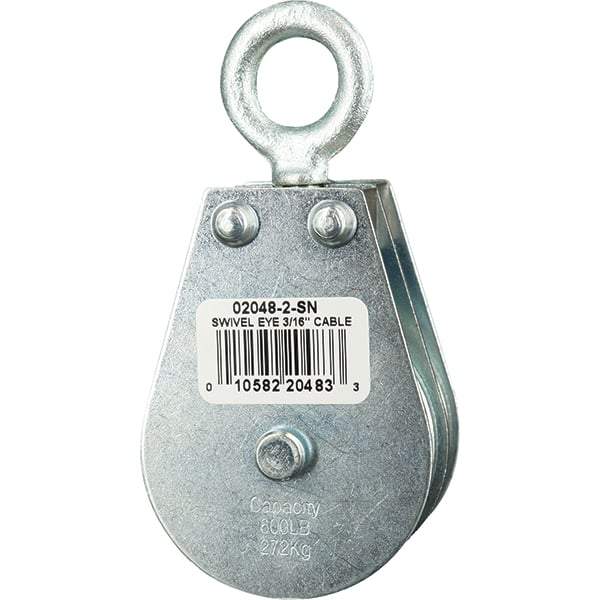 Block Division - 600 Lbs. Load Limit, Swivel Eye Snatch Block - Double Sheave, 2 Inch Outside Diameter, Wire Rope, 3/16 Inch Diameter, Eye, 5/8 Inch Inside Diameter, Carbon Steel, Zinc Plated Finish - Exact Industrial Supply