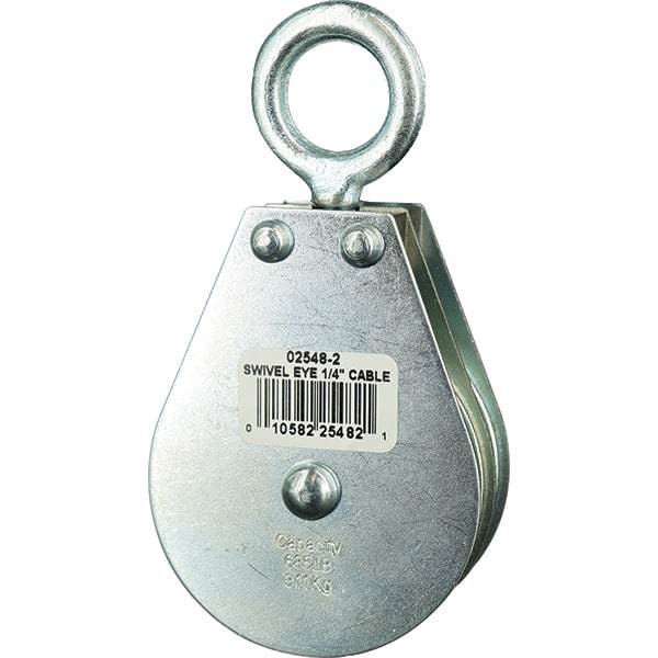 Block Division - 685 Lbs. Load Limit, Swivel Eye Snatch Block - Double Sheave, 2-1/2 Inch Outside Diameter, Wire Rope, 1/4 Inch Diameter, Eye, 7/8 Inch Inside Diameter, Carbon Steel, Zinc Plated Finish - Exact Industrial Supply