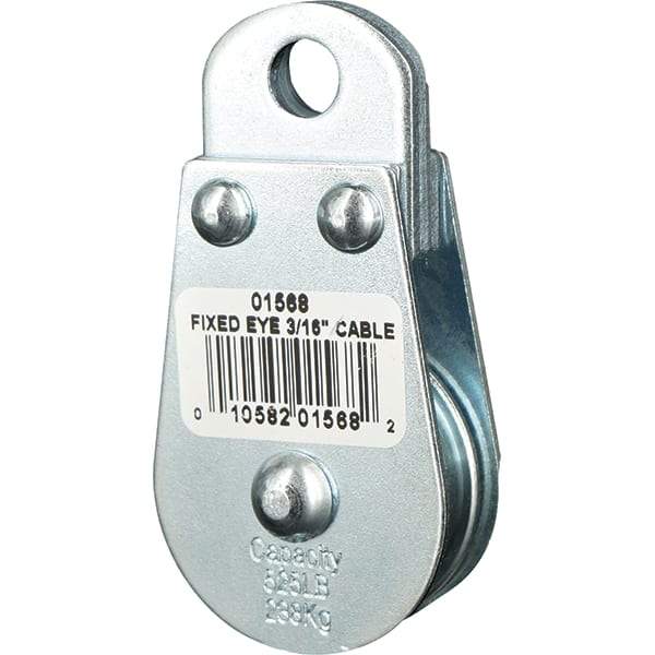 Block Division - 525 Lbs. Load Limit, Rigid Eye Block - Single Sheave, 1-1/2 Inch Outside Diameter, Wire Rope, 3/16 Inch Diameter, Eye, 3/8 Inch Inside Diameter, Carbon Steel, Zinc Plated Finish - Exact Industrial Supply