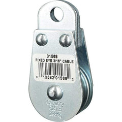 Block Division - 525 Lbs. Load Limit, Rigid Eye Block - Single Sheave, 1-1/2 Inch Outside Diameter, Wire Rope, 3/16 Inch Diameter, Eye, 3/8 Inch Inside Diameter, Carbon Steel, Zinc Plated Finish - Exact Industrial Supply