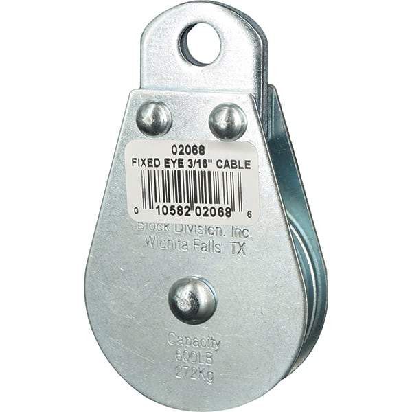 Block Division - 600 Lbs. Load Limit, Rigid Eye Block - Single Sheave, 2 Inch Outside Diameter, Wire Rope, 3/16 Inch Diameter, Eye, 3/8 Inch Inside Diameter, Carbon Steel, Zinc Plated Finish - Exact Industrial Supply