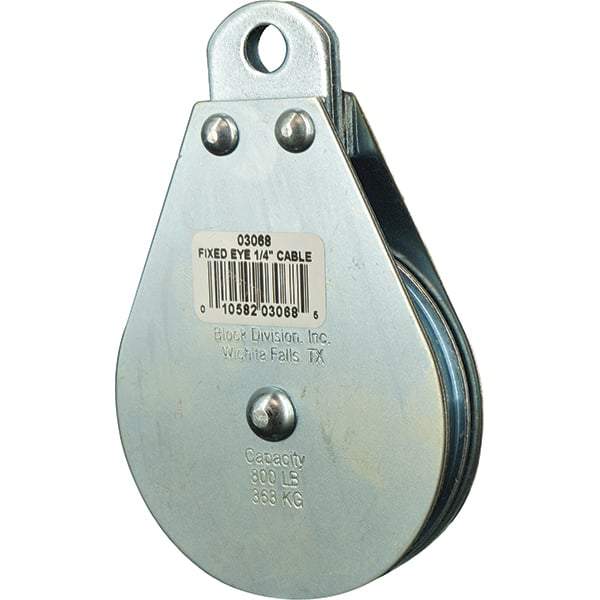 Block Division - 800 Lbs. Load Limit, Rigid Eye Block - Single Sheave, 3 Inch Outside Diameter, Wire Rope, 1/4 Inch Diameter, Eye, 3/8 Inch Inside Diameter, Carbon Steel, Zinc Plated Finish - Exact Industrial Supply