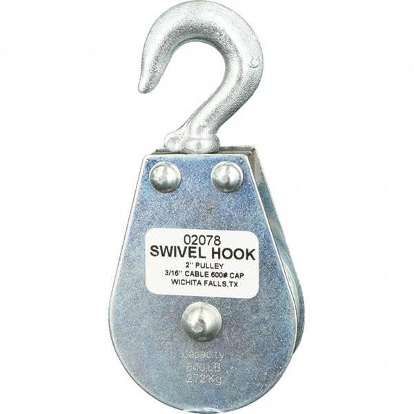 Block Division - 600 Lbs. Load Limit, Swivel Hook Block - Single Sheave, 2 Inch Outside Diameter, Wire Rope, 3/16 Inch Diameter, Eye, 3/8 Inch Inside Diameter, Carbon Steel, Zinc Plated Finish - Exact Industrial Supply