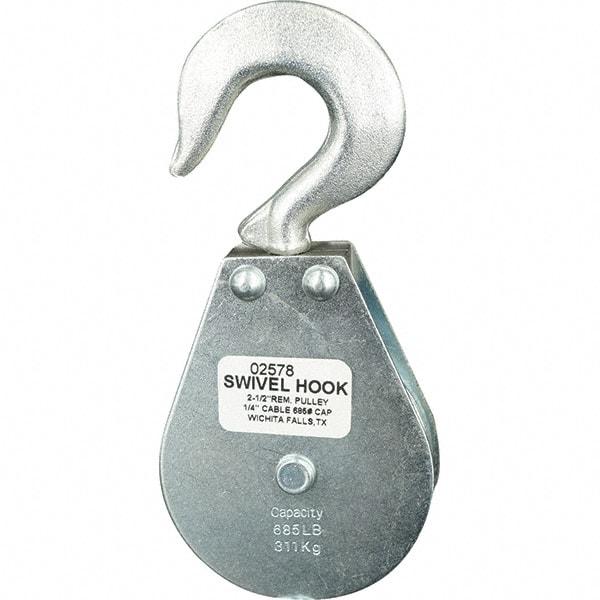 Block Division - 685 Lbs. Load Limit, Swivel Hook Block - Single Sheave, 2-1/2 Inch Outside Diameter, Wire Rope, 1/4 Inch Diameter, Eye, 3/8 Inch Inside Diameter, Carbon Steel, Zinc Plated Finish - Exact Industrial Supply