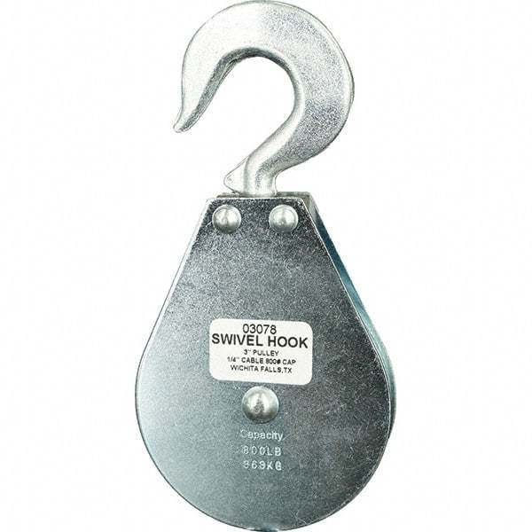 Block Division - 800 Lbs. Load Limit, Swivel Hook Block - Single Sheave, 3 Inch Outside Diameter, Wire Rope, 1/4 Inch Diameter, Eye, 3/8 Inch Inside Diameter, Carbon Steel, Zinc Plated Finish - Exact Industrial Supply