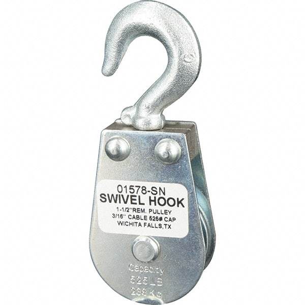 Block Division - 525 Lbs. Load Limit, Swivel Hook Block - Single Sheave, 1-5/8 Inch Outside Diameter, Wire Rope, 3/16 Inch Diameter, Eye, 3/8 Inch Inside Diameter, Carbon Steel, Zinc Plated Finish - Exact Industrial Supply