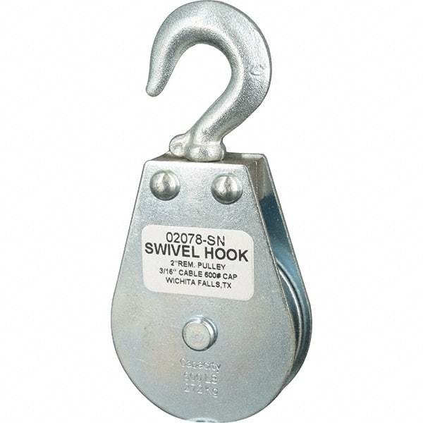 Block Division - 600 Lbs. Load Limit, Swivel Hook Block - Single Sheave, 2-1/8 Inch Outside Diameter, Wire Rope, 3/16 Inch Diameter, Eye, 3/8 Inch Inside Diameter, Carbon Steel, Zinc Plated Finish - Exact Industrial Supply