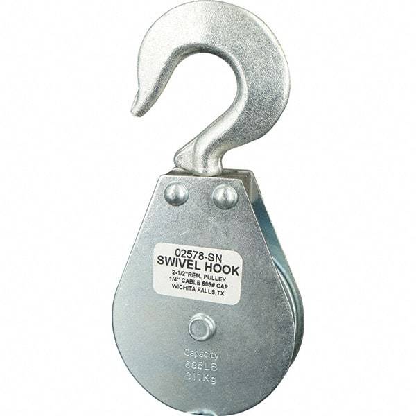 Block Division - 685 Lbs. Load Limit, Swivel Hook Block - Single Sheave, 2-5/8 Inch Outside Diameter, Wire Rope, 1/4 Inch Diameter, Eye, 3/8 Inch Inside Diameter, Carbon Steel, Zinc Plated Finish - Exact Industrial Supply