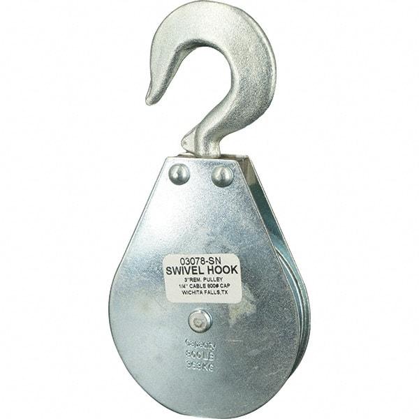 Block Division - 800 Lbs. Load Limit, Swivel Hook Block - Single Sheave, 3-1/8 Inch Outside Diameter, Wire Rope, 1/4 Inch Diameter, Eye, 3/8 Inch Inside Diameter, Carbon Steel, Zinc Plated Finish - Exact Industrial Supply