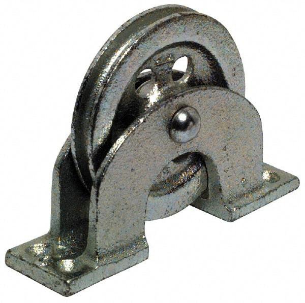 Value Collection - Single Open Upright Mount Guidance Pulley - Sheave, 3-1/4 Inch Outside Diameter, Wire Rope, 1/4 Inch Diameter, 0.209 Inch to 0.22 Inch Mounting Hole Diameter Iron, Galvanized Finish - Exact Industrial Supply