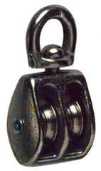 Value Collection - Swivel Eye Double Sheave Pulley - Sheave, 1 Inch Outside Diameter, Fibrous Rope, 1/4 Inch Diameter, Gray Iron, Nickel Plated Finish - Exact Industrial Supply