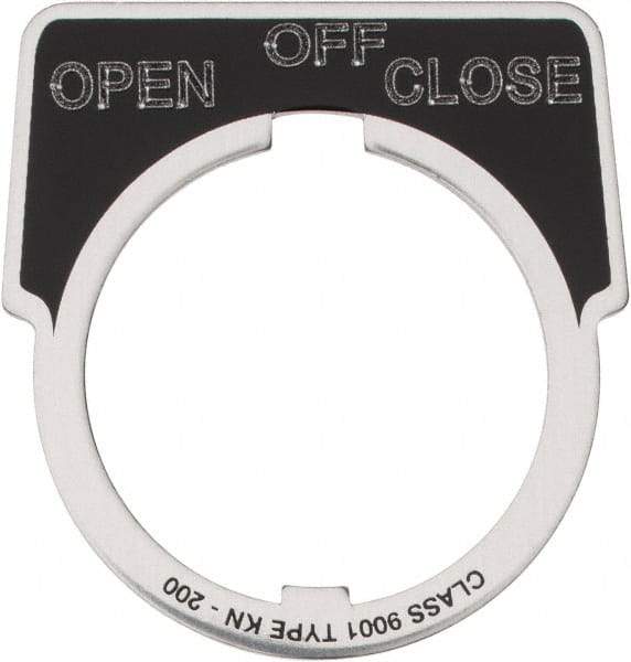Square D - Metal Legend Plate - Close, Off, Open - Black Background, White Letters, 30mm Hole Diameter - Exact Industrial Supply