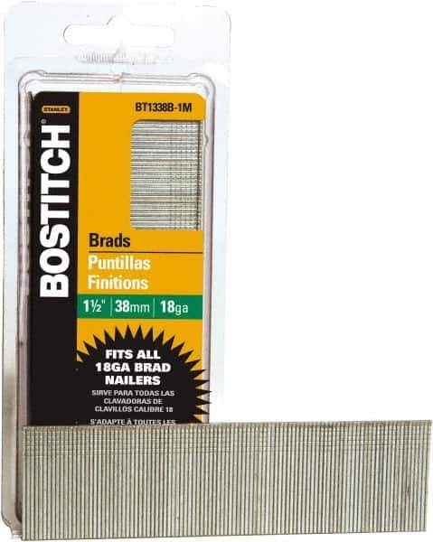 Stanley Bostitch - 18 Gauge 0.05" Shank Diam 1-1/2" Long Brad Nails for Power Nailers - Steel, Bright Finish, Ring Shank, Straight Stick Adhesive Collation, Brad Head, Chisel Point - Exact Industrial Supply