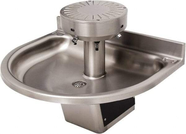 Acorn Engineering - Semi-Circular, Infrared Sensor, Wall Outlet Drain, 38" Diam, 3 Person Capacity, Stainless Steel, Wash Fountain - 0.5 GPM - Exact Industrial Supply