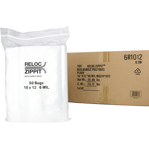 10″ × 12″ 6-MIL Clear Reloc Zippit Zipper Bags, Sold per Case of 500 (10 boxes of 50 per case)
