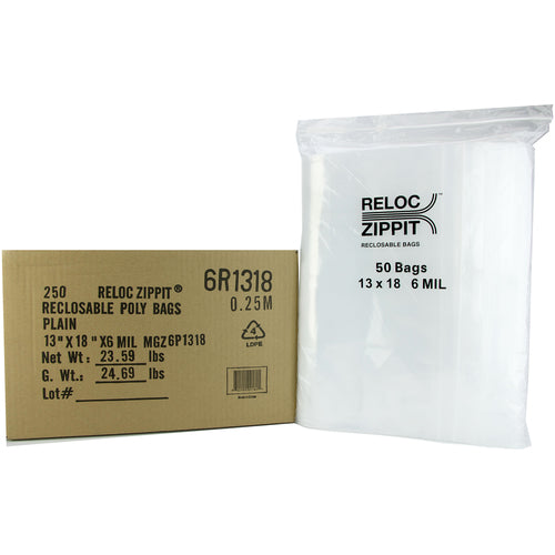 13″ × 18″ 6-MIL Clear Reloc Zippit Zipper Bags, Sold per Case of 250 (5 boxes of 50 per case)