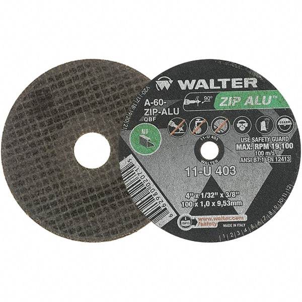 WALTER Surface Technologies - 4" 60 Grit Aluminum Oxide Cutoff Wheel - 1/32" Thick, 3/8" Arbor, 19,100 Max RPM, Use with Angle Grinders - Exact Industrial Supply