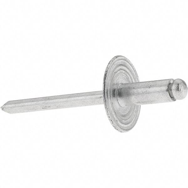 Value Collection - Size 64 Large Flange Dome Head Aluminum Open End Blind Rivet - Aluminum Mandrel, 0.062" to 1/4" Grip, 0.615" Head Diam, 0.192" to 0.196" Hole Diam, 0.45" Length Under Head, 3/16" Body Diam - Exact Industrial Supply